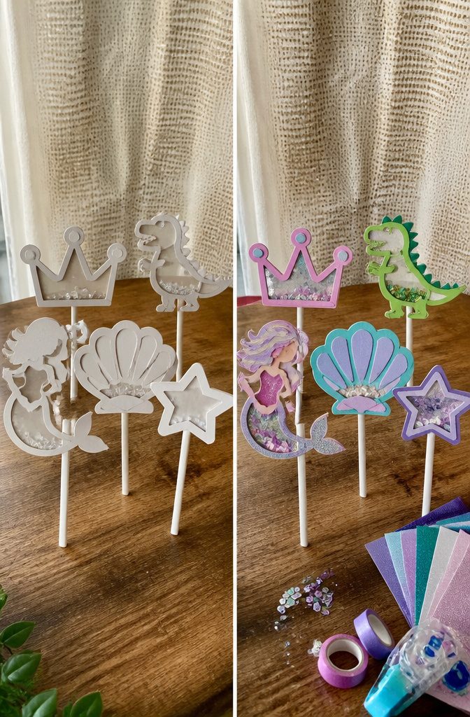 How to Make a Cake Topper Shaker: 3 Item Sections for Fillers 9 Three examples of cake topper shaker designs displayed together.