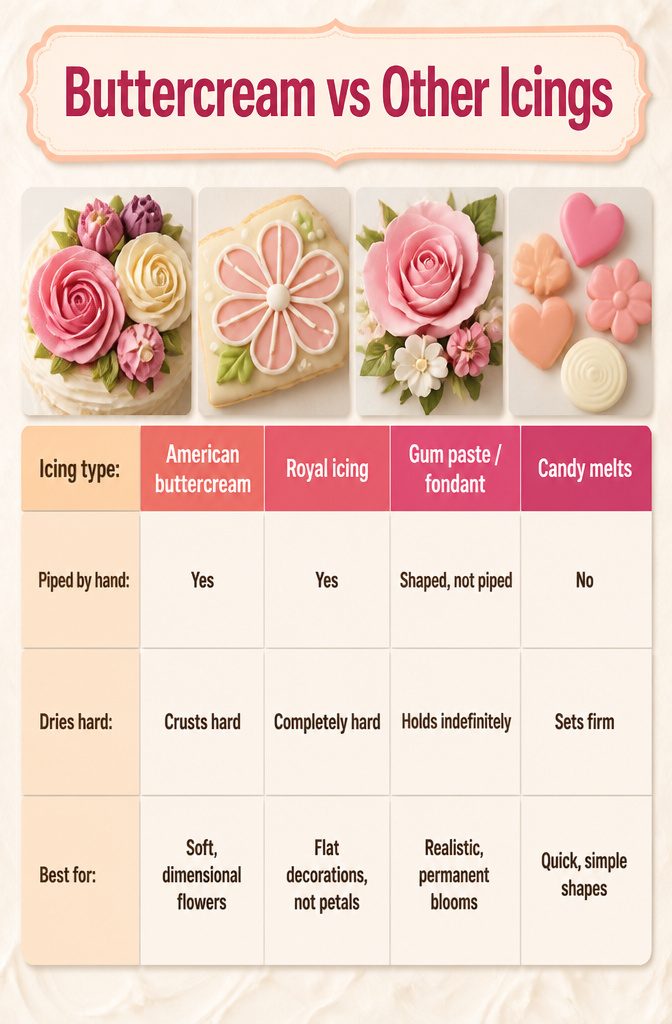 Cake With Flowers on Top: A Buttercream Recipe and Guide 6 Chart comparing American buttercream and other icing types.