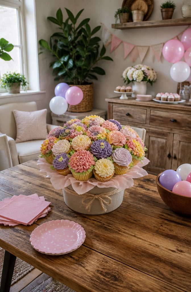 Cake With Flowers on Top: A Buttercream Recipe and Guide 8 Cupcake bouquet arranged in a container with buttercream flowers.