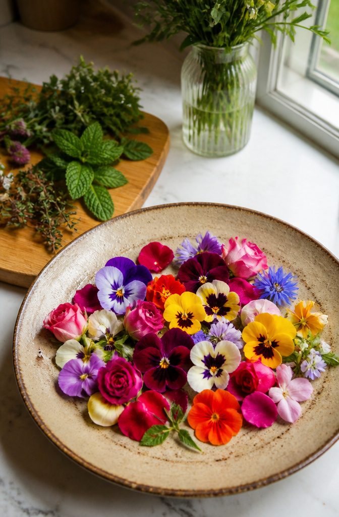 Cake With Flowers on Top: A Buttercream Recipe and Guide 4 Assortment of edible flowers arranged on a textured plate.