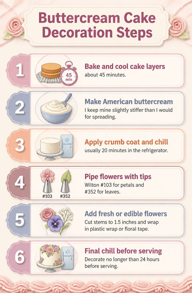Cake With Flowers on Top: A Buttercream Recipe and Guide 3 Instructions for buttercream cake decoration steps.