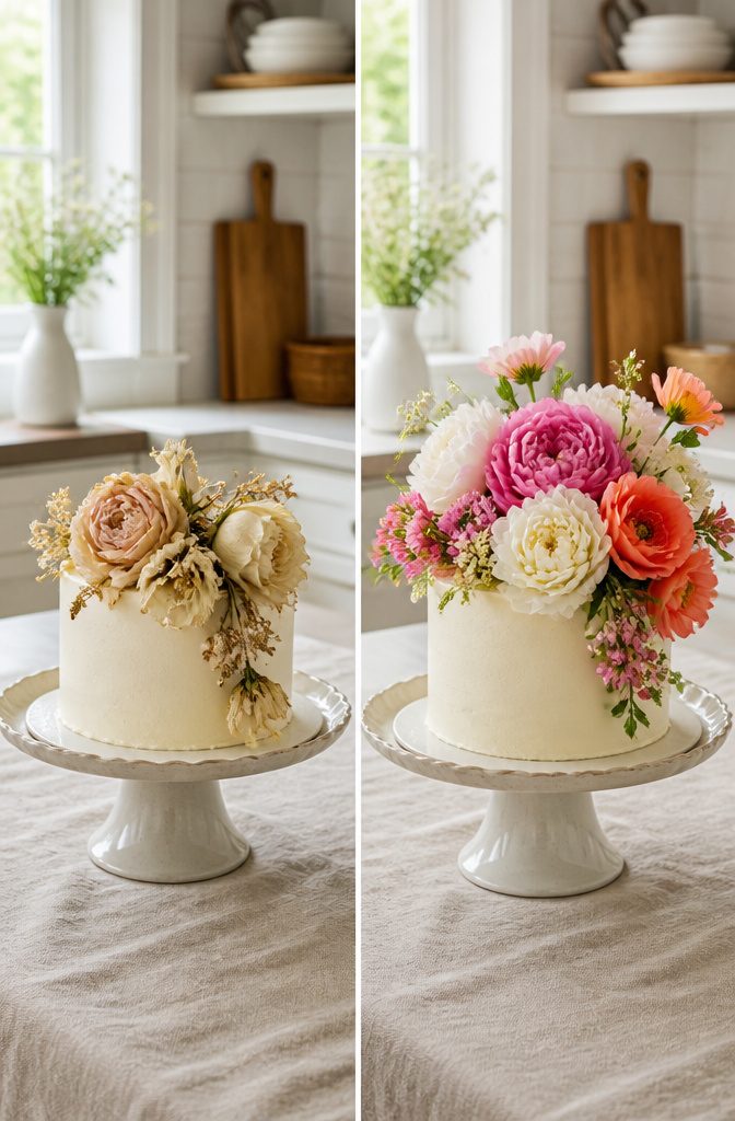 Cake With Flowers on Top: A Buttercream Recipe and Guide 5 Non-edible flowers with wrapped stems for cake decoration.