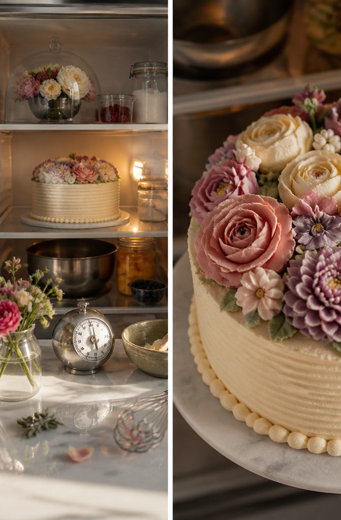 Cake With Flowers on Top: A Buttercream Recipe and Guide 9 Cake with buttercream flowers, ready for storage before serving.