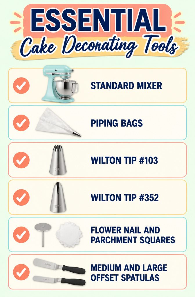Cake With Flowers on Top: A Buttercream Recipe and Guide 7 Display of essential cake decorating tools.