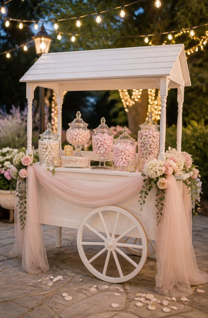 A white concession cart decorated with flowers and filled with candies.