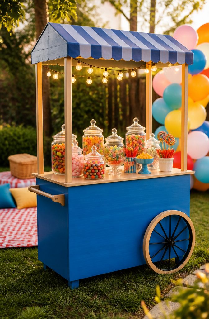 A blue DIY dessert cart with a canopy and colorful candy display.