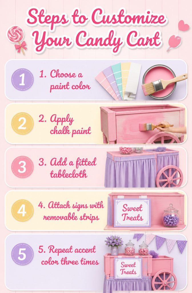 Instructions for customizing a candy cart with paint and fabric.