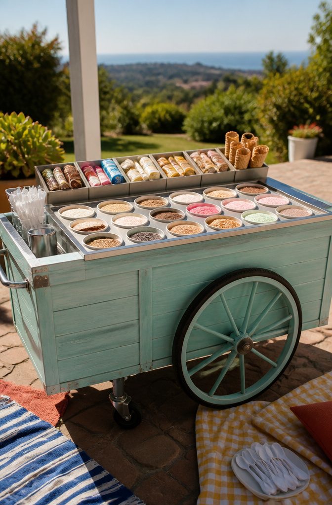 A pastel-colored ice cream cart featuring various tubs of ice cream.