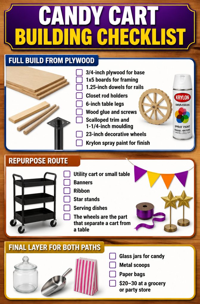 A candy cart building checklist detailing necessary materials and tools.