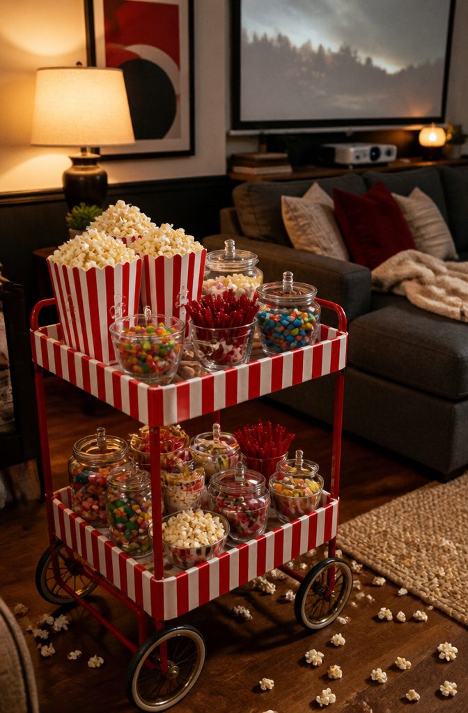 A red and white striped snack cart filled with popcorn and candy.