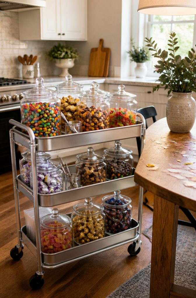 A metallic utility cart filled with glass jars of candies in a kitchen.