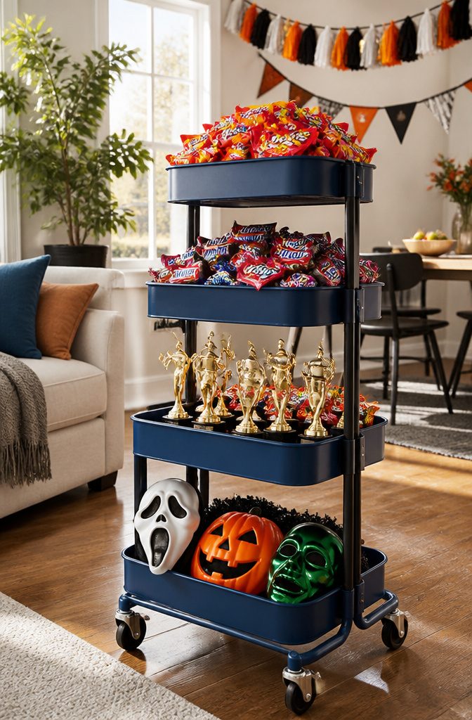 A party cart with bright candies and themed decorations.