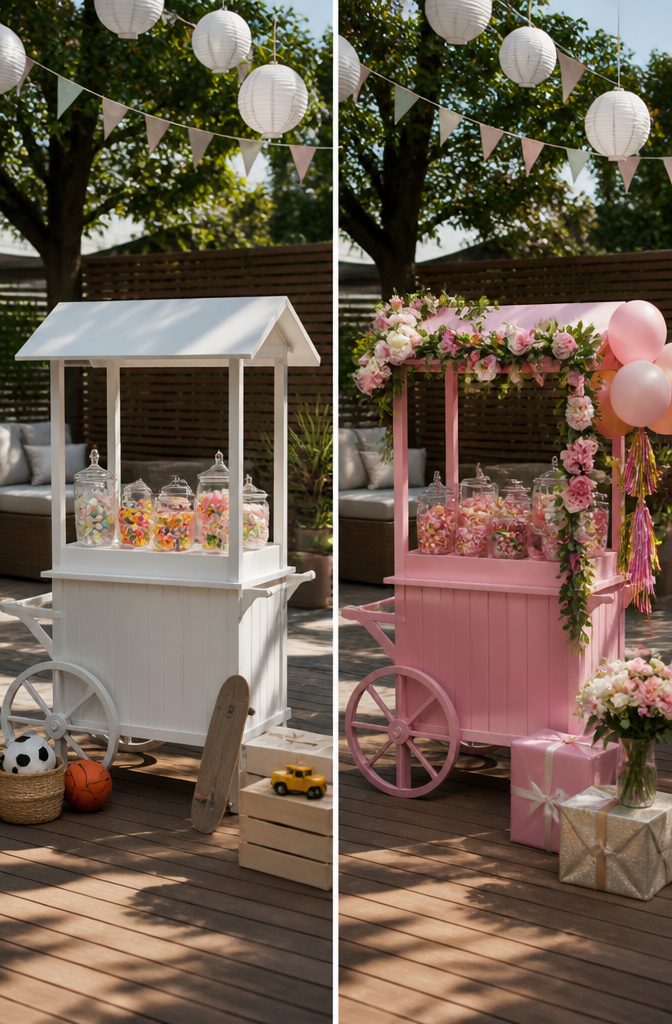 A candy cart designed for different events with adjustable features.