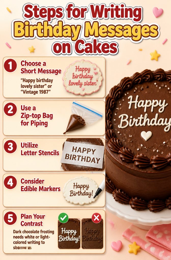Steps for writing birthday messages on chocolate cakes.