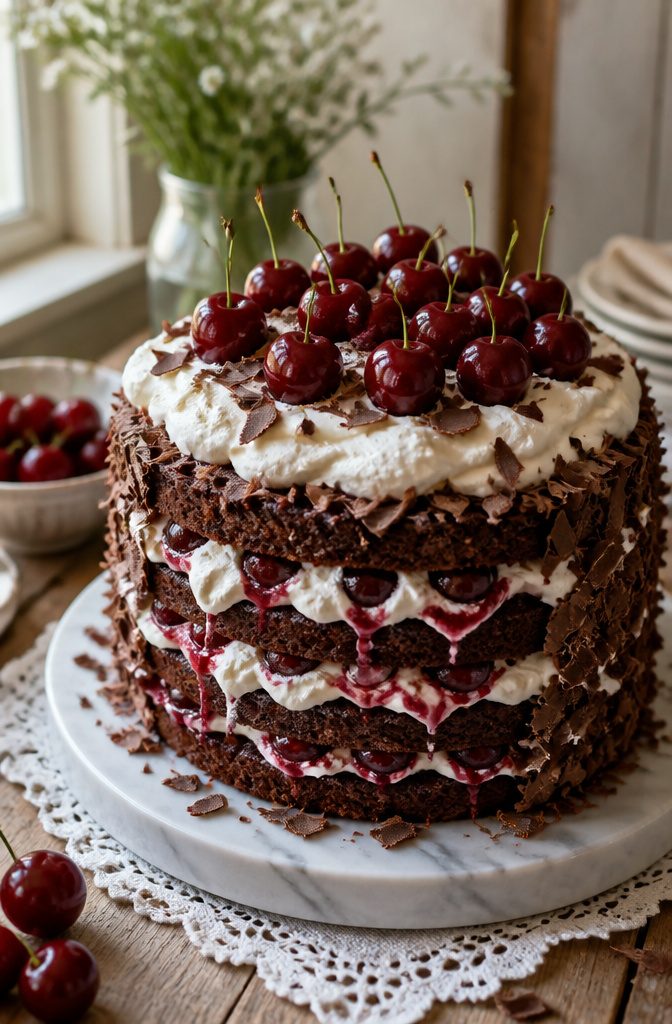 A tall Black Forest gateau with cherries and whipped cream layers.