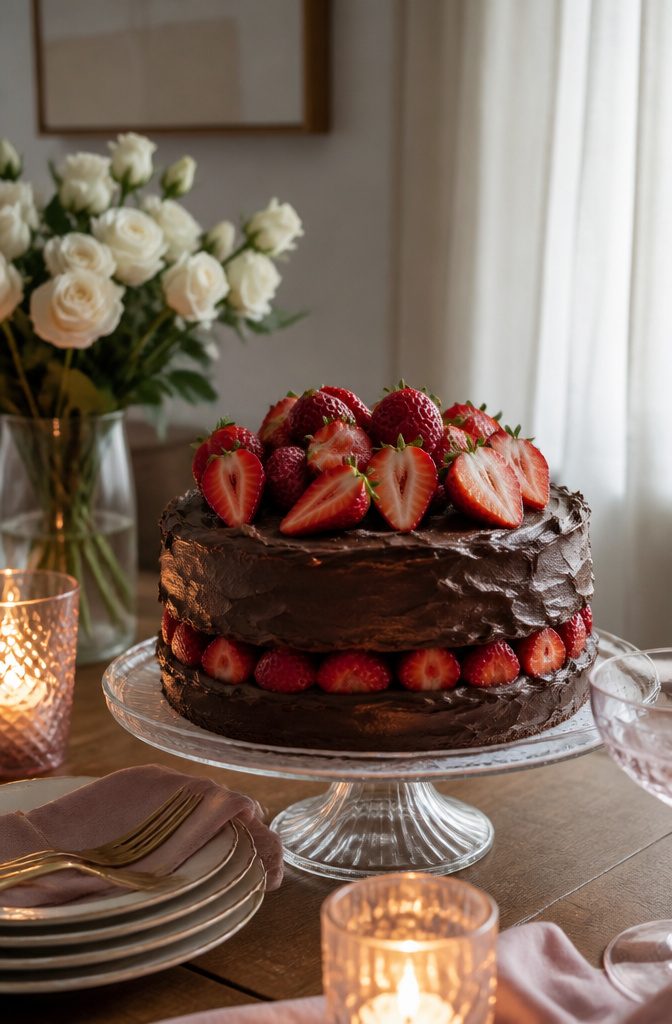 A chocolate strawberry cake topped with whole and sliced strawberries.