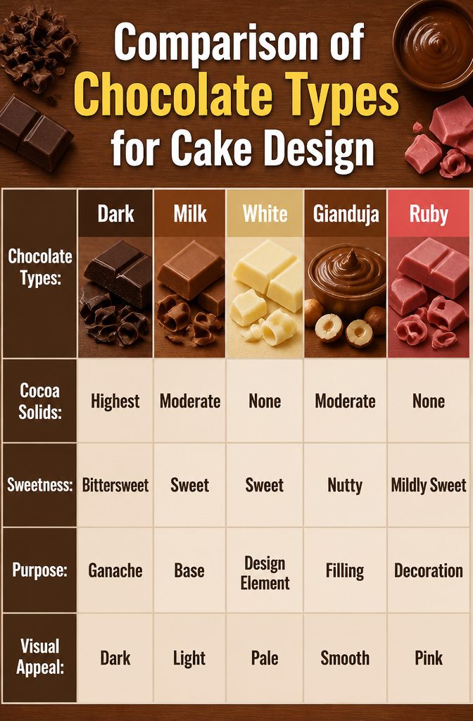 An informational image comparing various types of chocolate for cakes.