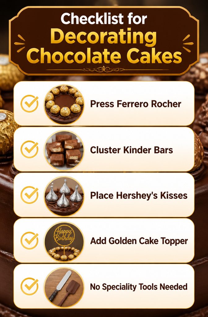 A checklist for decorating chocolate cakes with candy arrangements.