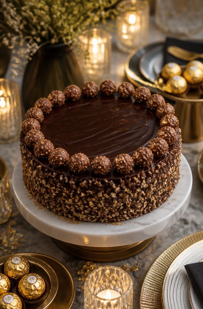 A Ferrero Rocher cake with whole candies and crushed pieces on the sides.
