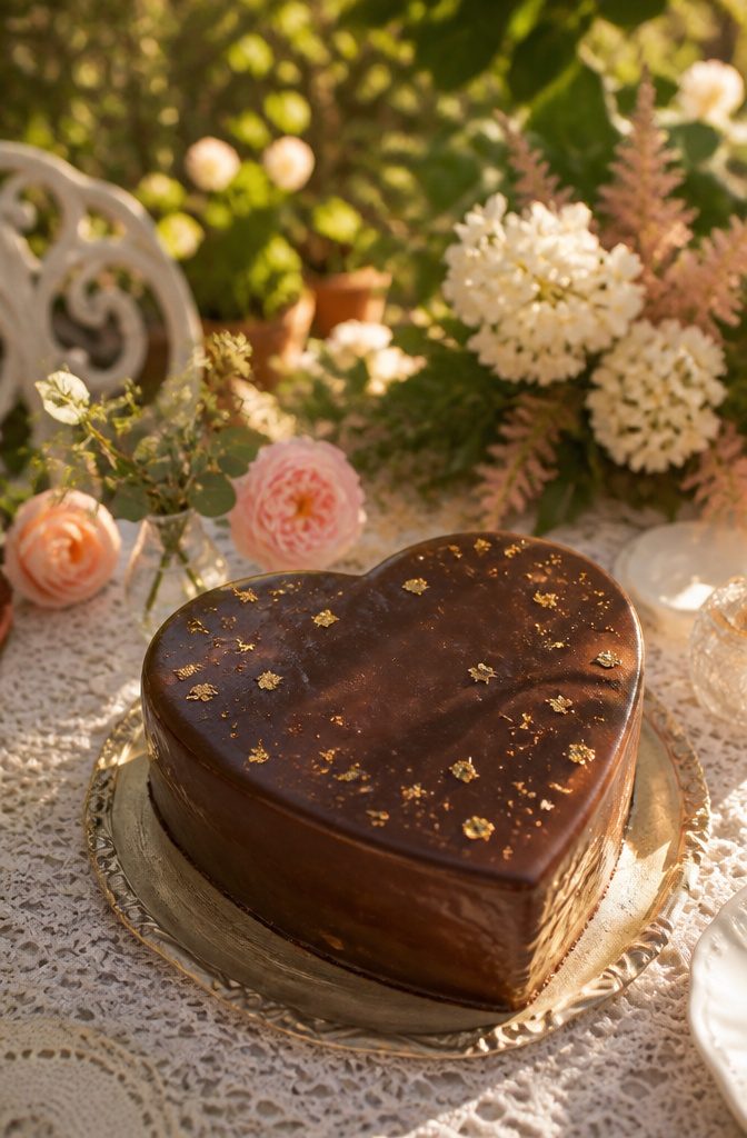 A heart-shaped chocolate cake on a lace tablecloth with gold accents.