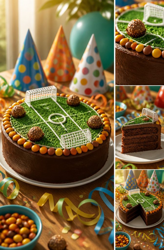 A chocolate cake decorated with bright candy and grocery-store treats.