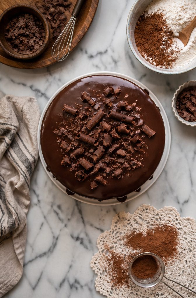 A chocolate cake finished with smooth ganache and chocolate curls.