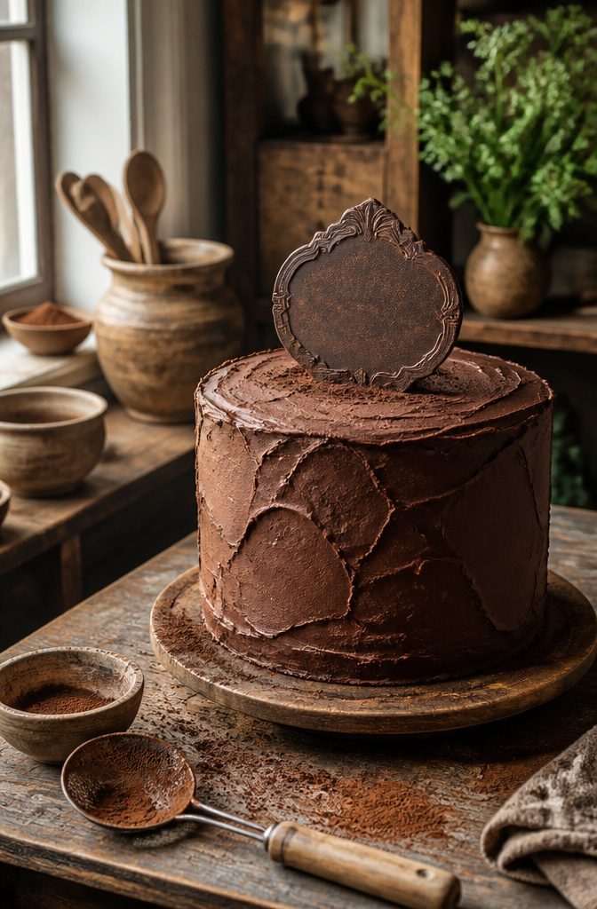 A vintage chocolate cake with rustic frosting and a sugar sign.