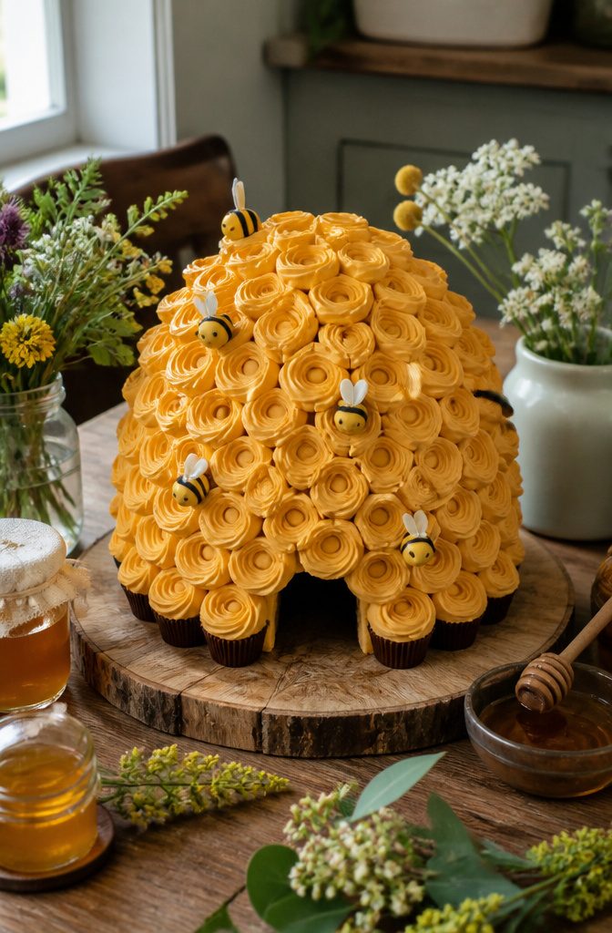 Cupcakes arranged in a dome shape decorated to look like a beehive.