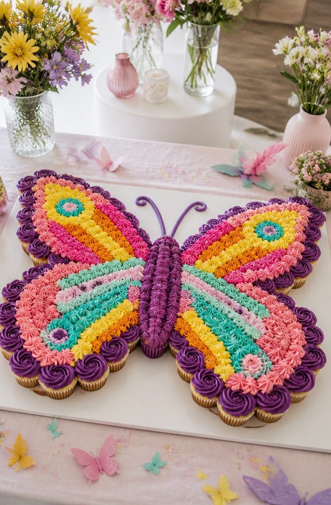 Cupcakes arranged to form a butterfly with bright, contrasting colors.