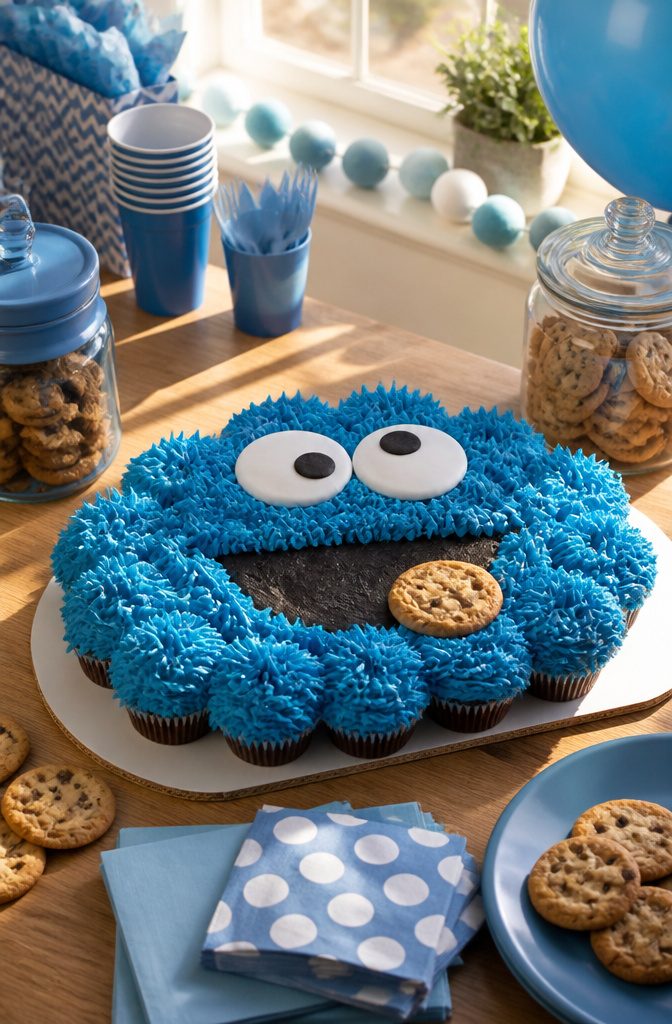 Cupcakes arranged to depict Cookie Monster with blue frosting and eyes.