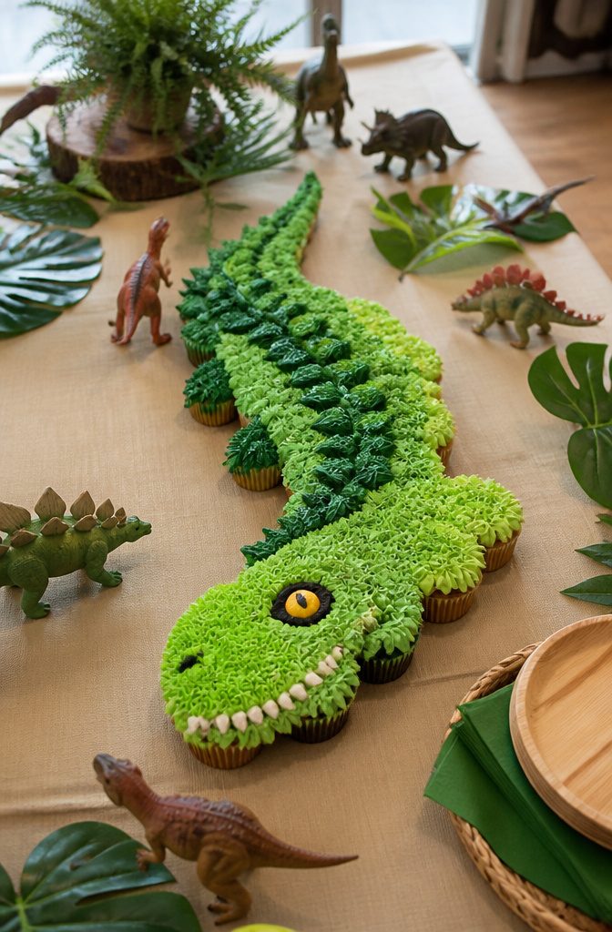 Cupcakes arranged to look like a dinosaur with a tapered tail and head.