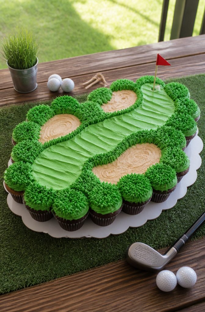 Cupcakes arranged to look like a golf course with green and tan frosting.