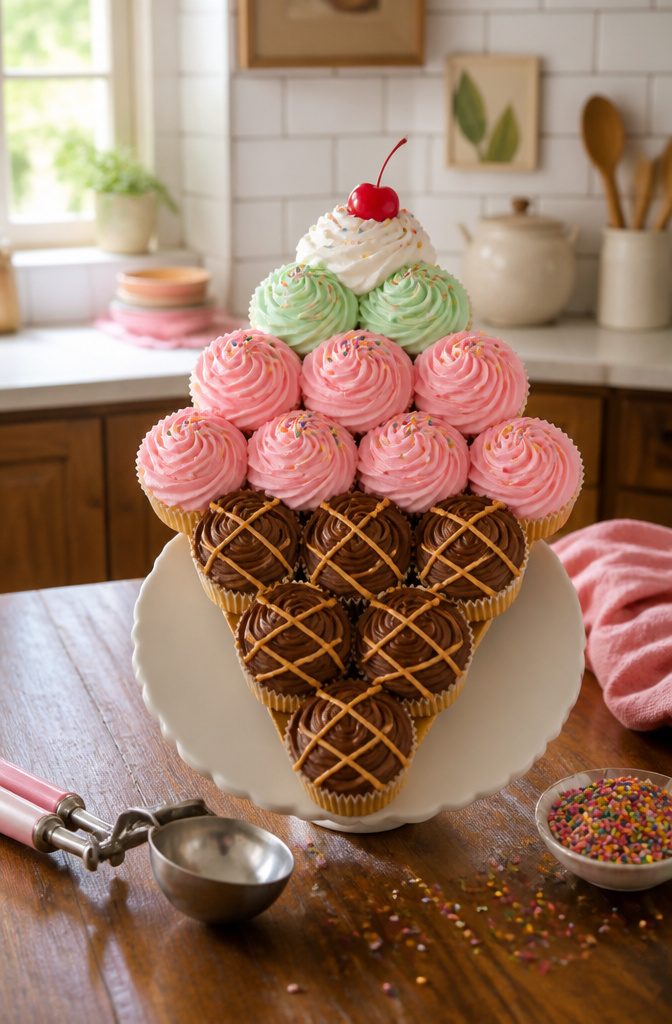 Cupcakes arranged to look like an ice cream sundae with pastel colors.