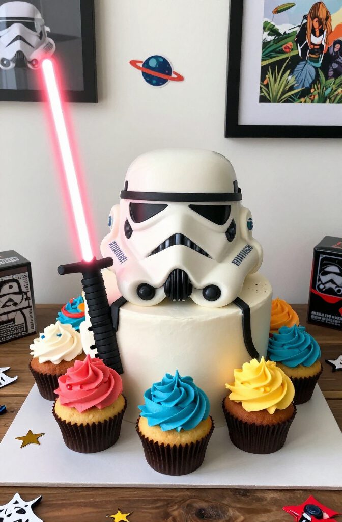 Cupcakes arranged to resemble a lightsaber and stormtrooper helmet.