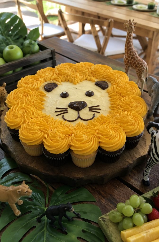 Cupcakes arranged in a radial pattern to resemble a lion's face and mane.