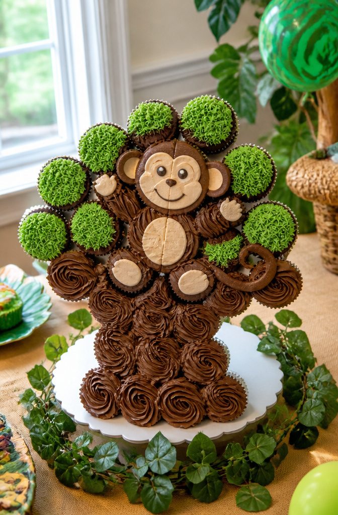 Cupcakes arranged to form a monkey sitting on a tree branch.