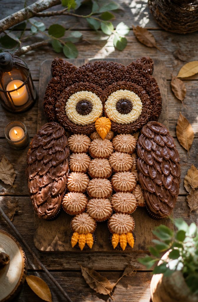 Cupcakes arranged to depict an owl with frosting details for eyes and beak.