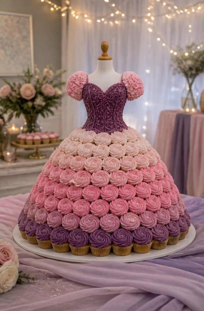 Cupcakes arranged to form a princess dress with a gradient design.
