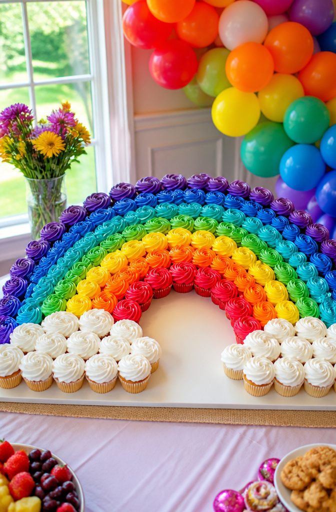 Cupcakes arranged in a gradient from red to violet in a rainbow shape.