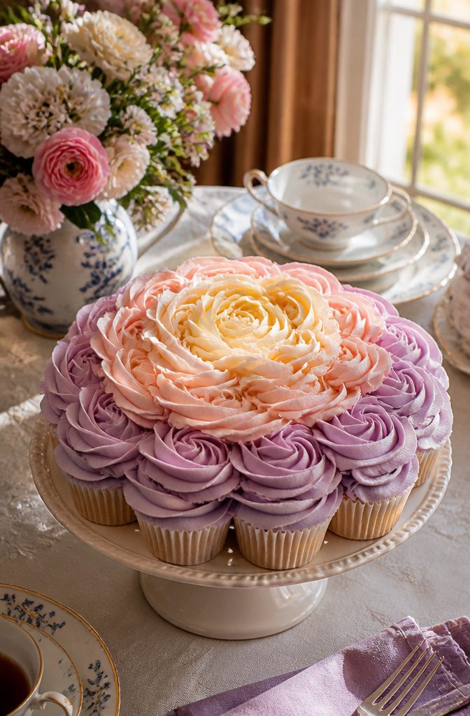 Cupcakes arranged in concentric circles to resemble a ranunculus flower.