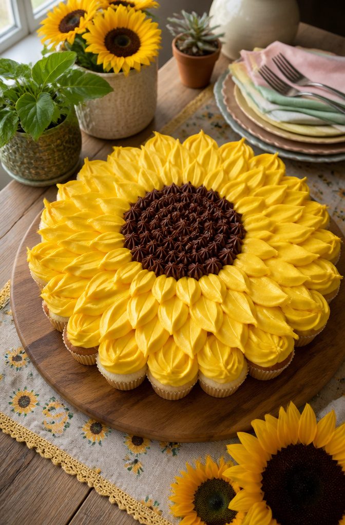 Cupcakes arranged to resemble a sunflower with yellow and brown frosting.