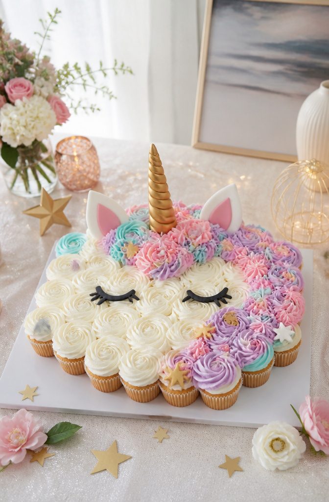 Cupcakes arranged to form a unicorn with a fondant horn and mane.