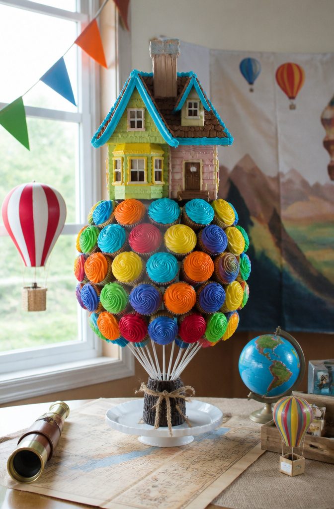 Cupcakes arranged to depict a house surrounded by colorful balloons.