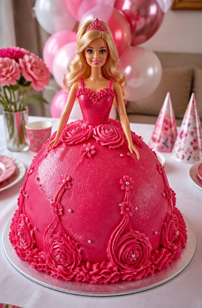10 Dark Pink Cake Ideas for Birthdays, Showers and Celebrations 4 Barbie cake with a doll and dark pink frosting resembling a gown.