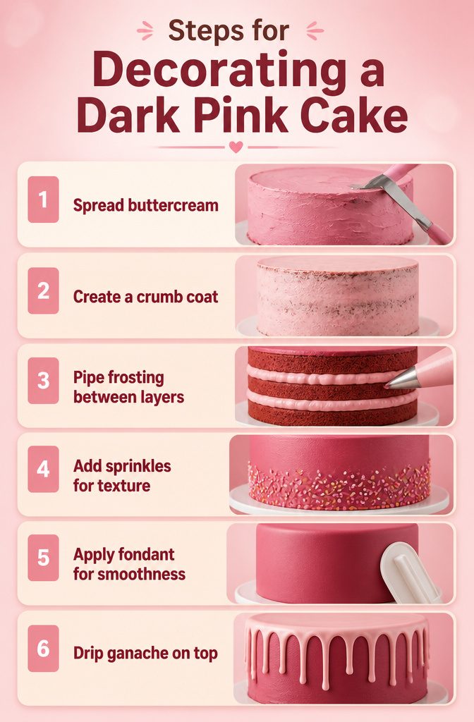 10 Dark Pink Cake Ideas for Birthdays, Showers and Celebrations 13 Illustrative steps for decorating a dark pink cake with buttercream.