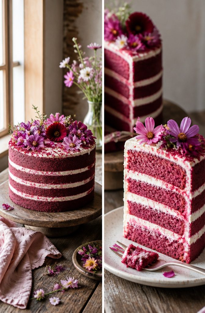 10 Dark Pink Cake Ideas for Birthdays, Showers and Celebrations 9 Naked cake with dark pink layers and minimal white frosting.