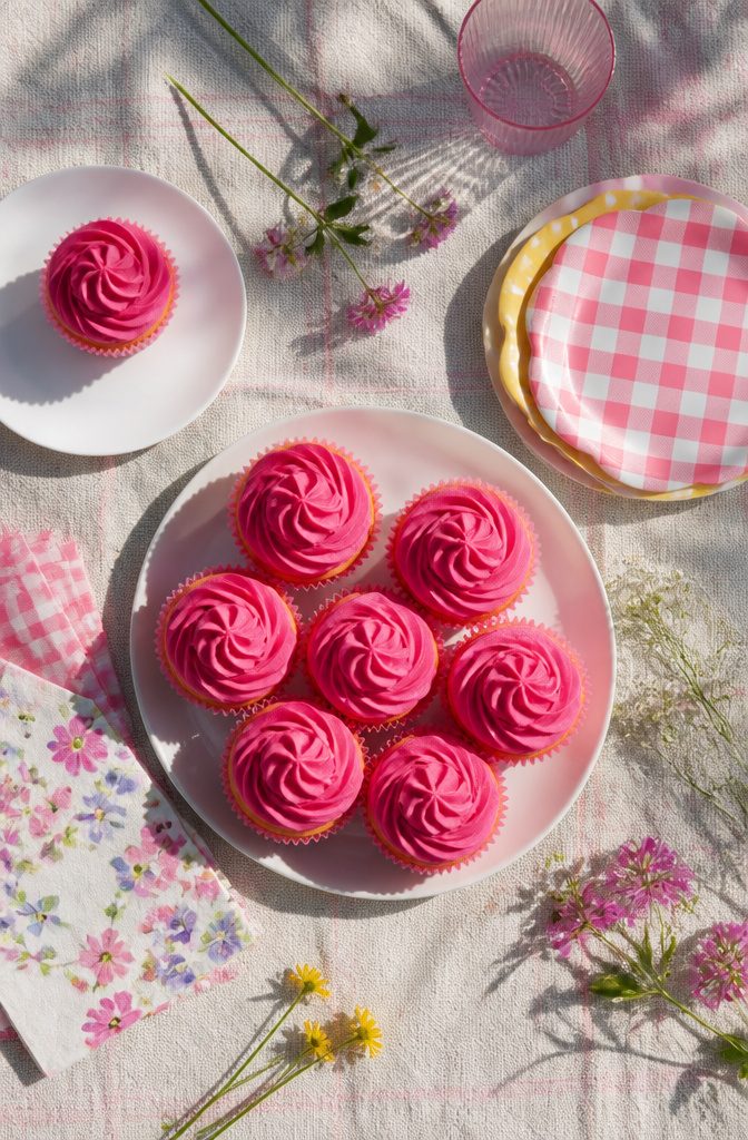 10 Dark Pink Cake Ideas for Birthdays, Showers and Celebrations 8 Cupcakes with dark pink buttercream swirls arranged in a box.