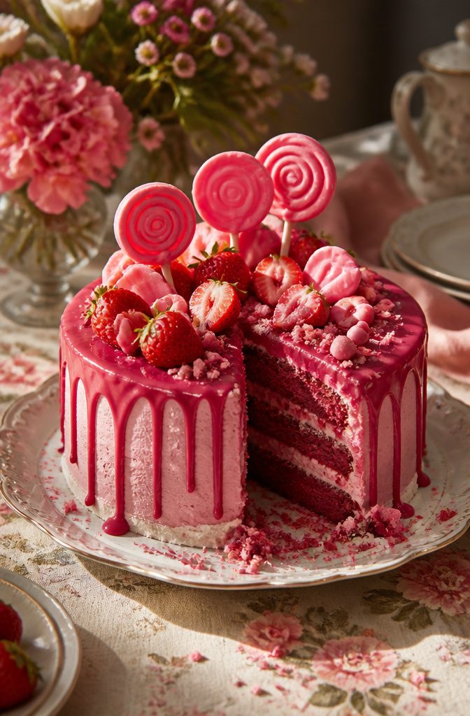 10 Dark Pink Cake Ideas for Birthdays, Showers and Celebrations 5 Pink drip cake with ganache drips and strawberries displayed on a plate.