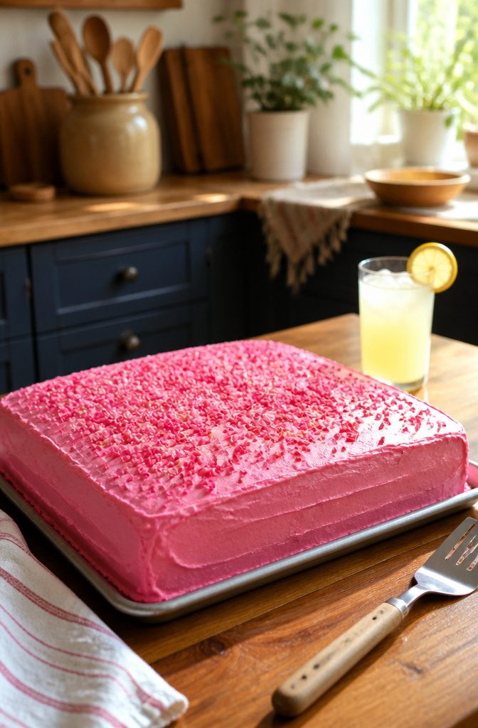 10 Dark Pink Cake Ideas for Birthdays, Showers and Celebrations 11 Neatly frosted pink sheet cake with sprinkles on top.
