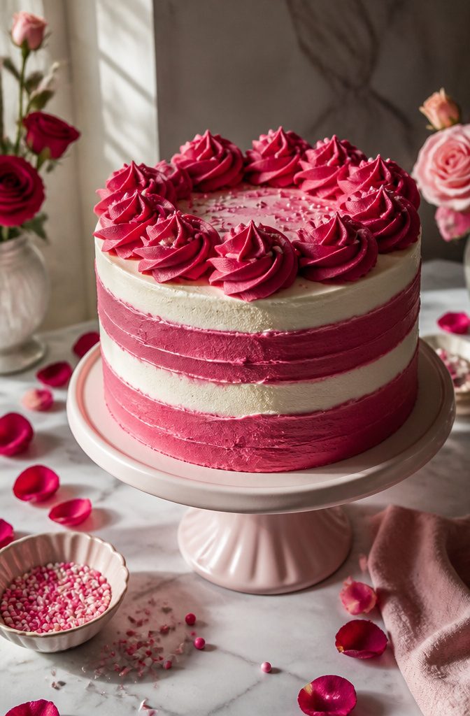 10 Dark Pink Cake Ideas for Birthdays, Showers and Celebrations 3 Vanilla cake with pink buttercream swirls on a pastel stand.
